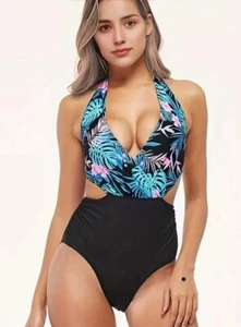 Blue, Green, & Black Tropical Size XL 12 One Piece Swimsuit with Open Back - Picture 1 of 3