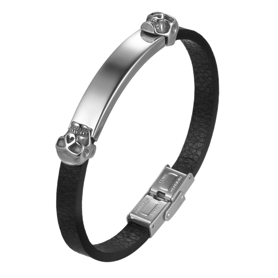 Pulsera brazalete pulsera de acero inoxidable de cuero negro calavera punk gótico para hombre Foto 1 de 1
