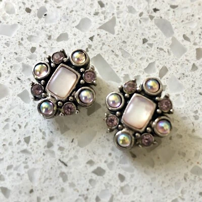 Серебристый розовый AB стразы маленький Huggie зажим на серьги надпись LC винтажный - Изображение 1 из 4