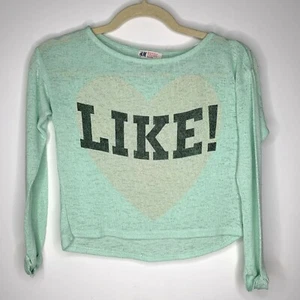 H&M Girls Teal Long SleeveMesh Shirt with Pink Heart Word Like Sz 8-10 Yrs - Picture 1 of 4