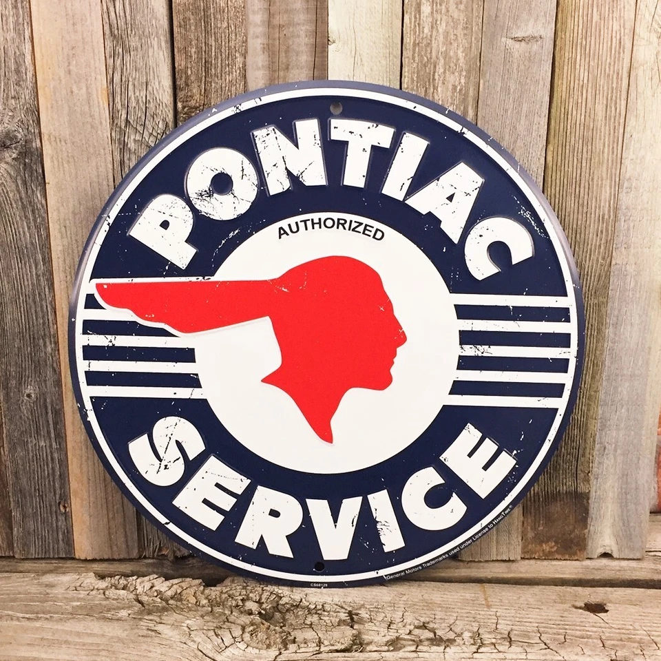 Pontiac Service Round 12" Embossed Metal Tin Sign Garage Dealer Car Man Cave - Image 1 of 1