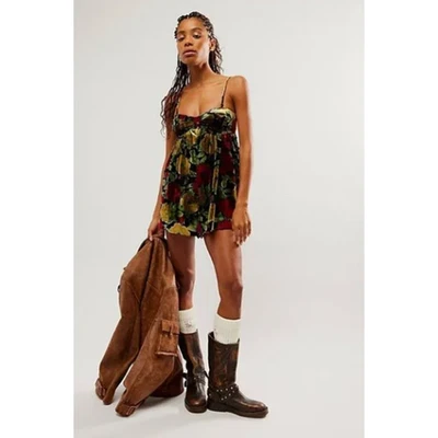 Free People LUNA Velvet Floral Romper Playsuit Babydoll in Pop Red S NWOT $148 - Image 1 of 4