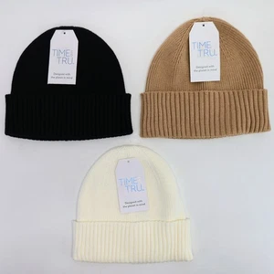 Set of 3 Time And Tru Beanie Hat Winter White, Brown, Black Rib Knit Cuffed Lot - Picture 1 of 6
