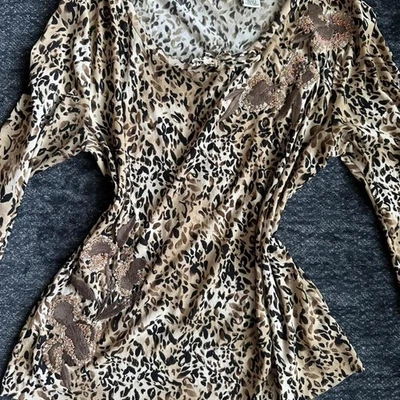 Vintage Dana Buchman animal print long sleeve Floral Appliqué Beaded Sheer Tie - Image 1 of 4