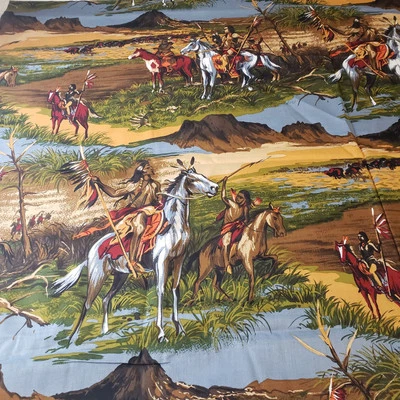 Native Americans on Horseback Fabric Hoffman 1 Yard Vintage Scenic Print - Image 1 of 4