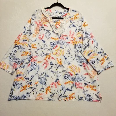 Top Chico's 4 (XXL) 100 % lino tejido floral túnica con cuentas flecos playa costera  Foto 1 de 4