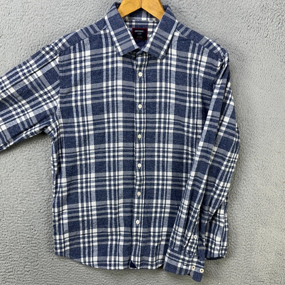 UNTUCKit Shirt Flannel Mens Large Blue Plaid Slim Button Up Casual Long Sleeve - Image 1 of 4