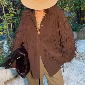 MAXI CAMISA ZARA ZW MARRÓN ABOTONADA CUELLO ASIMÉTRICO CON FLECOS 4786/300 XS - Imagen 1 de 24