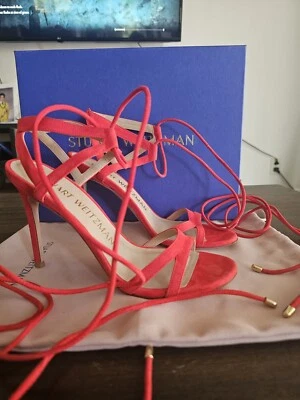 Stuart Weitzman Coral Red Soiree 100 Lace-Up Stilleto Size 7.5 B NWB - Image 1 of 4