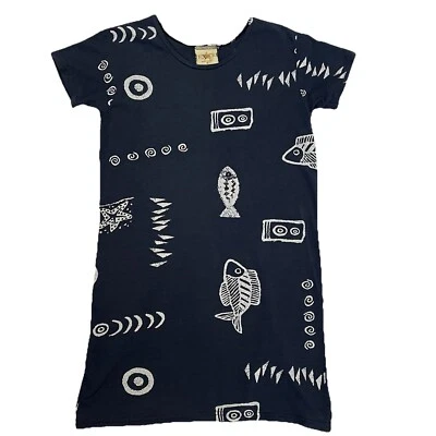 复古 Exist Shift T 恤连衣裙女式 S 海军蓝鱼海滩波西米亚艺术美国制造 — 第 1/4 张图片