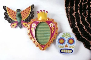NEW Day of the Dead Magnets 3pc Metal Skull Butterfly & Picture Frame Halloween - Picture 1 of 2