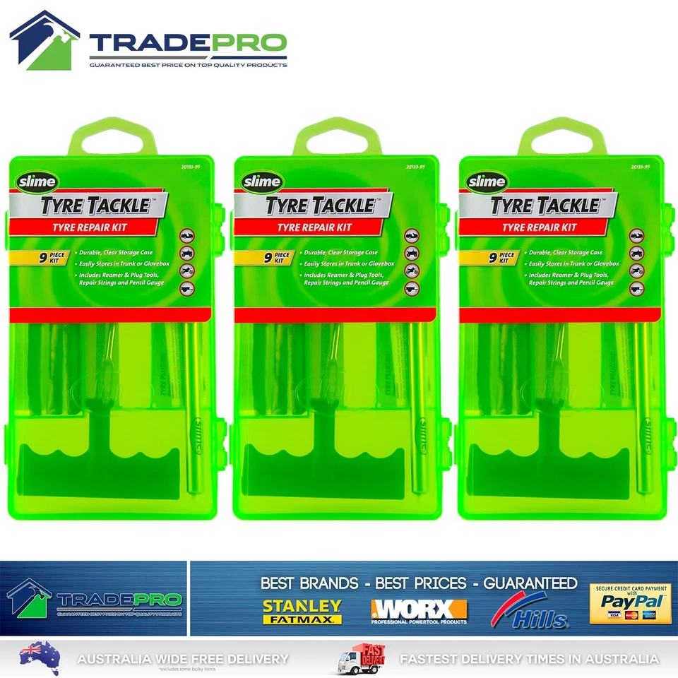 3x SLIME Bike Car Tyre Tire Puncture Repair Solution Kit 9pc with Gauge & Plugs - Image 1 of 4