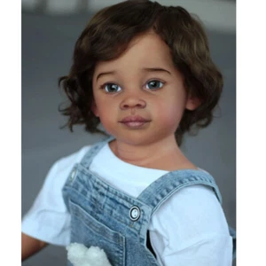 Bambola 30" pelle nera bambina rifinita reborn capelli corti radicata a mano giocattolo - Foto 1 di 2