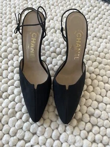 Chanel Black Fabric Leather Heels Slingbacks 37 - Picture 1 of 10