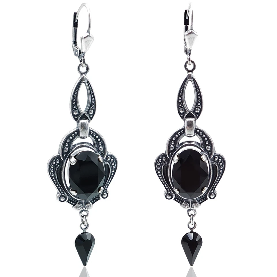 Jugendstil Ohrringe Schwarz Silber mit Kristallen von Swarovski NOBEL SCHMUCK