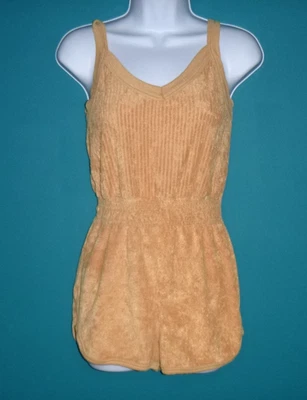 Vtg 70s Out Of Focus Stretch Terry Romper Ribbed Top Short Shorts Tan Sz XS/S - Image 1 of 4