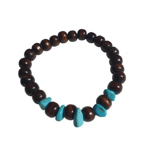 Dark Wood Beaded Bracelet Blue Stone Accents Stretch Elastic Band Design Gift - Picture 1 of 3