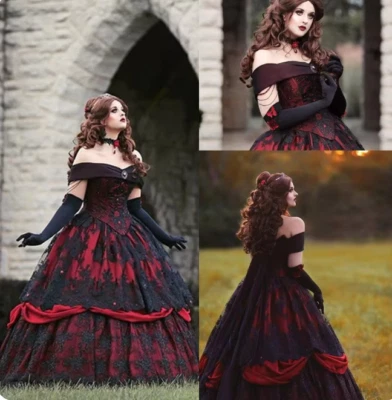 Gothic Belle Red Black Lace Wedding Gown Vintage Lace-up Corset Steampunk - Image 1 of 4