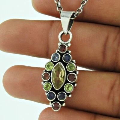Damen Geschenk Natürlich Citrin Iolite Granat Peridot Anhänger 925 Silber B51 - Bild 1 von 4