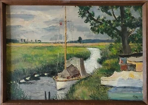 Oil painting paintings landscape ship canal Bernhard Huys Worpswede signed 68 - Picture 1 of 11