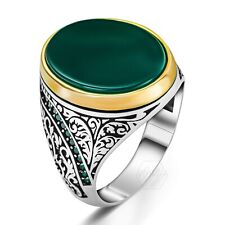 925 Sterling Silver Oval Flat Green Agate Stone Turkish Style Men's Ring