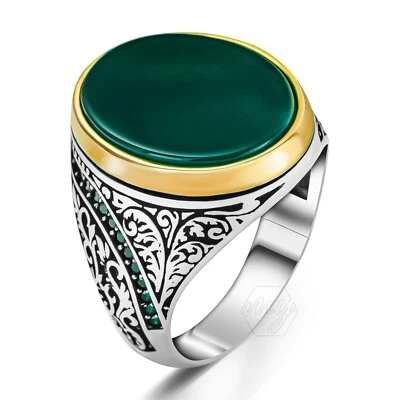 925 Sterling Silver Oval Flat Green Agate Stone Turkish Style Men's Ring - Image 1 of 4