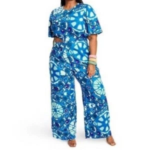 RHODE for Target Allover Print Linen Blend Jumpsuit Wide Leg Side Cutout Blue 1X - Picture 1 of 7