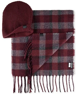 Kenneth Cole Reaction Men's 2-Pc. Plaid Scarf & Solid Rib Knit Beanie Set - Image 1 of 4