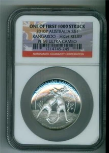 AUSTRALIA 2010-P KANGAROO $1 .999 1 OZ. SILVER HIGH RELIEF NGC PF-69 ULTRA CAMEO - Picture 1 of 2