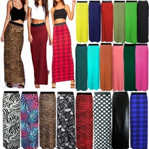 Women Gypsy Maxi Skirt Ladies Elastic Waist Plain and Printed Long Stretch Skirt - Picture 1 of 44