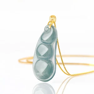 Zertifiziert Blau Wasser Natürliche Jade Jadeit 18K Massiv Gold Bohne Anhänger Halskette - Bild 1 von 9