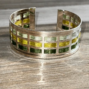 Cuffed Ribbon Bracelet With Yellow And Green In Silver Tone - Picture 1 of 6