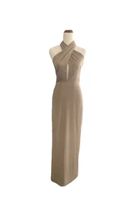 Elle Zeitoune Gown Beige Champagne 12 Halter Crossover Stretch Maxi Formal - Picture 1 of 12