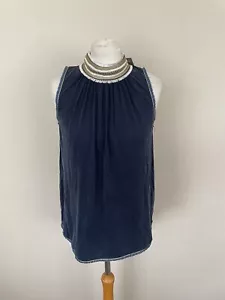 Gustav Navy Blue Gold White High Choker Neck A-Shape Top Size M UK 12 BNWT Bead - Picture 1 of 10