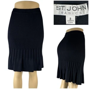 St. John Basics Womens 2 Skirt Santana Knit Pencil Navy Blue Pleated USA EUC - Picture 1 of 10