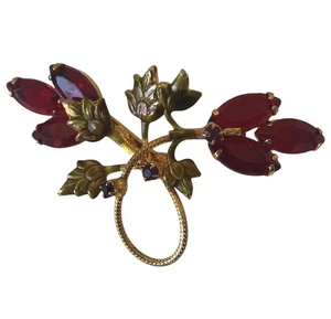 Vtg Delicate Enameled Gold Tone Metal Red Stones Prong Setting Floral Brooch Pin - Bild 1 von 6
