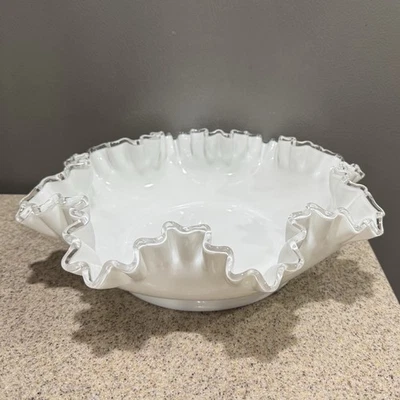 Vtg Fenton Milk Glass Silver Crest 11” Double Crimped Bowl Pristine Condition! - Image 1 of 4