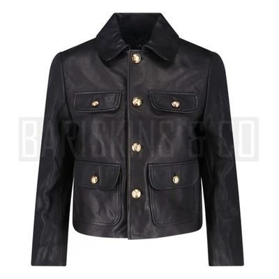 Женская черная кожаная военная куртка, укороченная на пуговицах модная шикарная верхняя одежда - Изображение 1 из 4