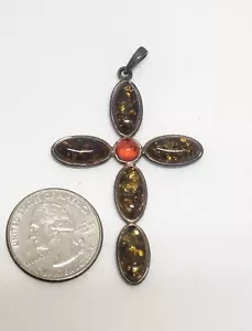 Green Baltic Amber- Oval Cross-925 Solid Pure Sterling Silver Beautiful Pendant - Picture 1 of 4