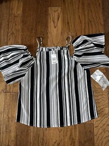Crabe Fame Top Blouse Dressy Black Stripe Satin Macys NWT SZ L - Picture 1 of 3