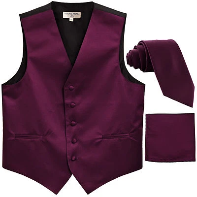 New Solid Men's dark purple formal vest Tuxedo Waistcoat_2.5" necktie & hankie  - Image 1 of 4