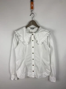 PVP $205 GANNI Camisa Blanca Algodón Gran Tamaño Cuello con Volantes Talla 38 - Imagen 1 de 19