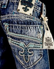 $220 Mens Rock Revival "Rondel" Teal Leather Insert Acid Wash Straight 33 X 31