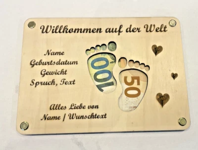 Geburt, Kind, Karte, Geldgeschenk, Indivuduell Graviert, Taufe, Holz - Bild 1 von 4