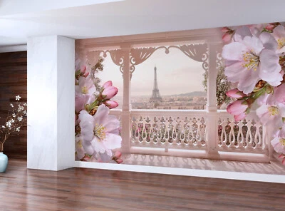 Paris Wallpaper, Wall Mural Eiffel Tower, France. Gentle spring flowers. Sticker - Image 1 of 4