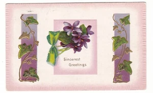 Sincerest Greetings vintage postcard / embossed / purple violets - Picture 1 of 2