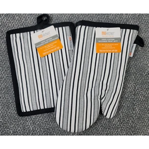 MU Kitchen Oven Mitt Potholder Black Stripe 100% Cotton Terry Lined 2pc Set Gift - Picture 1 of 9