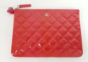 CHANEL Pink Quilted Patent Leather Valentine Hearts Medium O-Case Bag Pouch