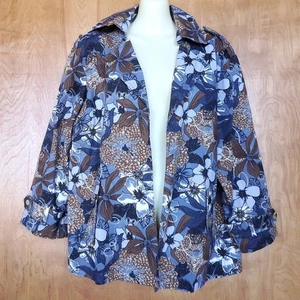 Westbound Floral Open Front Denim Jacket XL Blue Brown Epaulette Stretch NWT - Picture 1 of 10