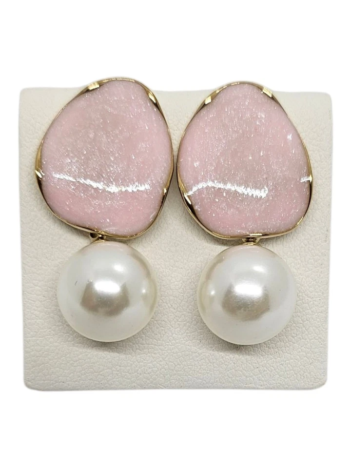 Large Pink Druzy Look Resin & Pearl Statement Drop Earrings Gold Tone - Image 1 of 4